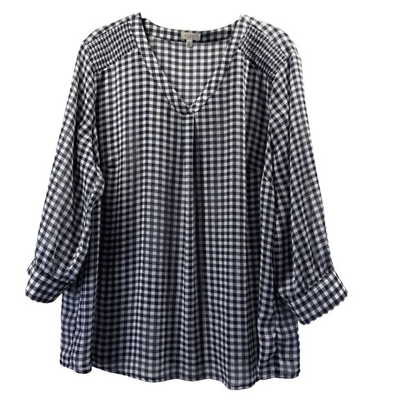 Talbots Women's Top Plus 1X Navy Blue White Check 3/4 Sleeves Semi Sheer Popover - Picture 1 of 9